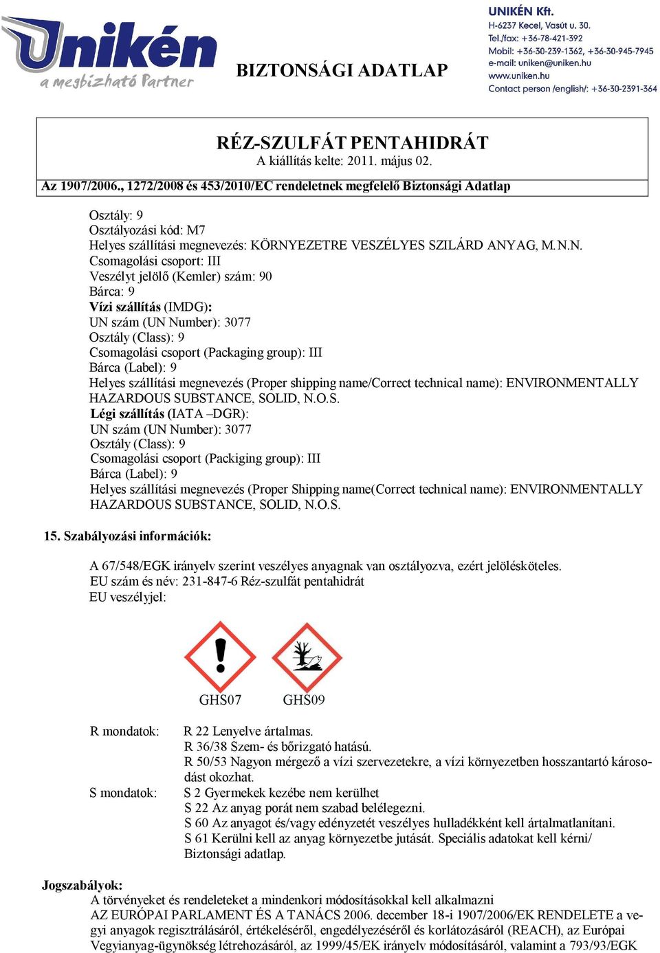 Rézgálic biztonsági adatlap